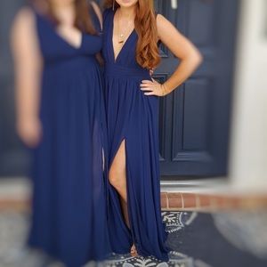 Lulu’s Floor Length V Neck Navy Blue Dress